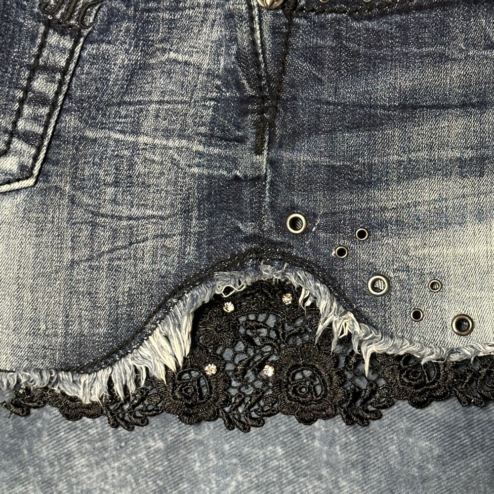 Miss Me Women's Blue Jean Denim Shorts with Black Lace and Bling 30 - Picture 14 of 15